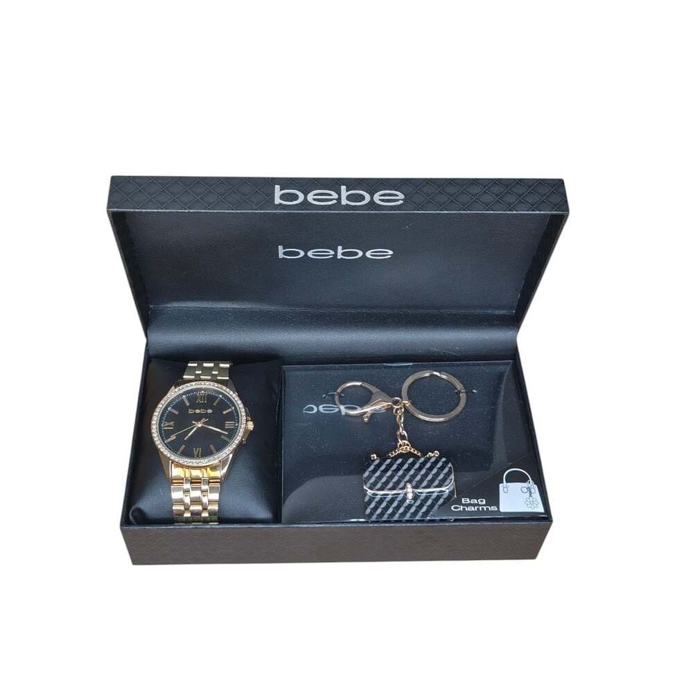Bebe Women's Crystal Bezel Gold-Tone Analog Watch and Bag Charm Gift Set